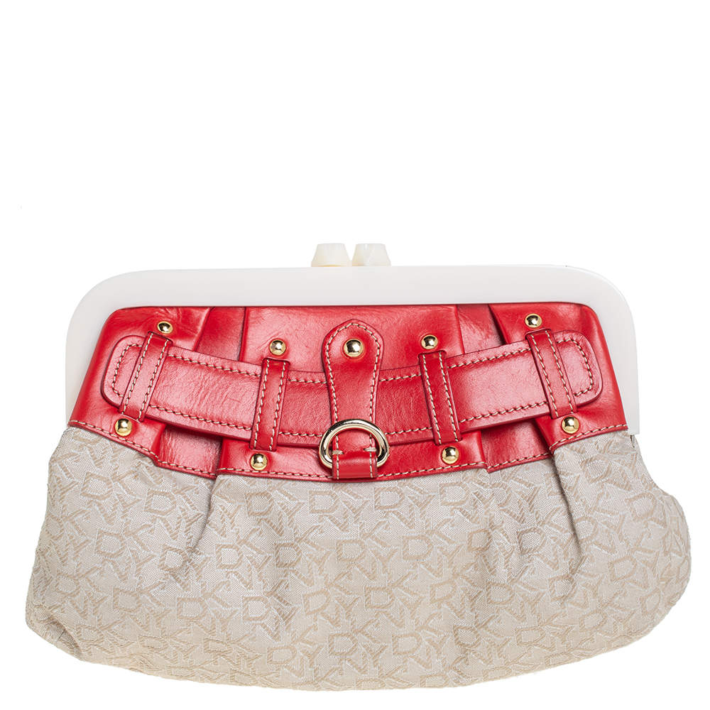 Pre Owned DKNY Beige/Orange Signature Canvas and Leather Kisslock Frame Clutch
