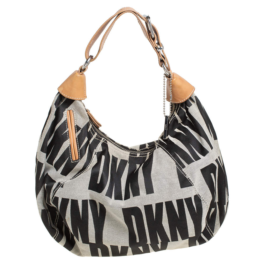 Pre Owned Dkny Grey/Beige Signature Canvas and Leather Hobo
