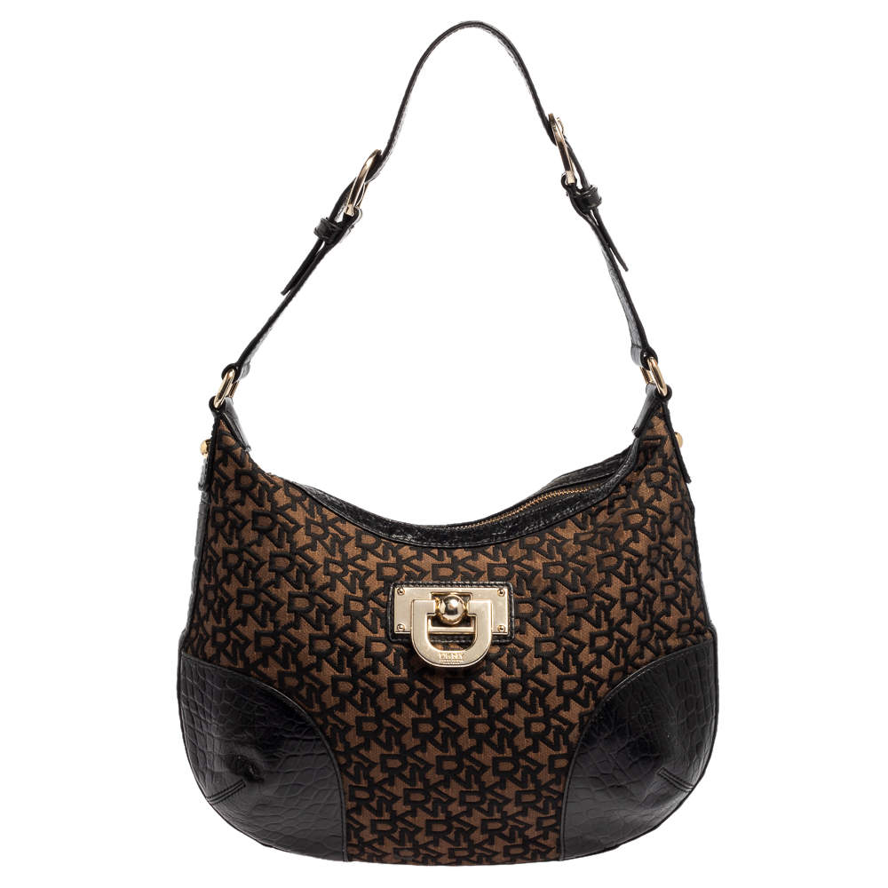 Pre Owned Dkny Brown/Black Signature Canvas and Leather Hobo