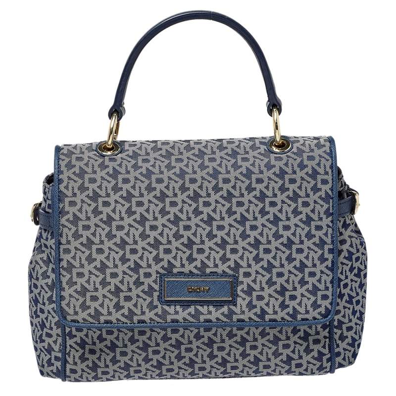 Pre Owned DKNY Blue/White Canvas and Leather Top Handle Bag