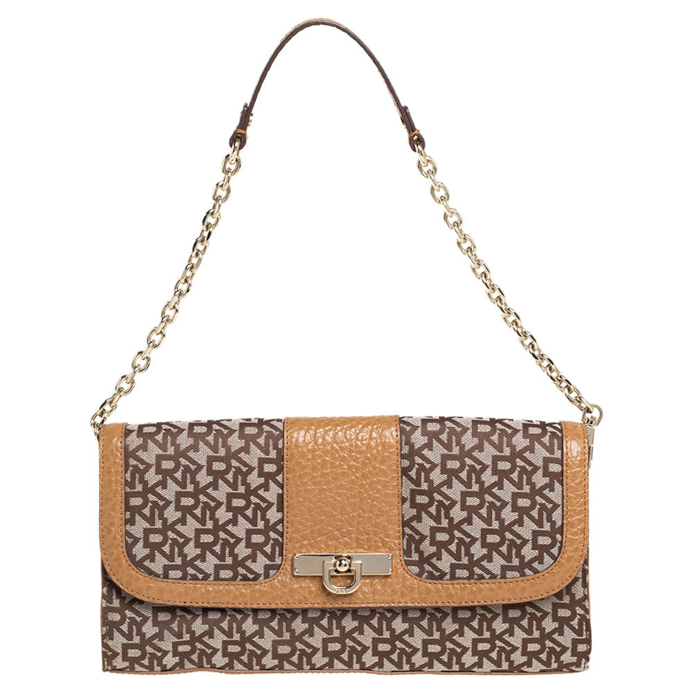 Pre Owned DKNY Brown/Beige Signature Canvas and Leather Chain Shoulder Bag