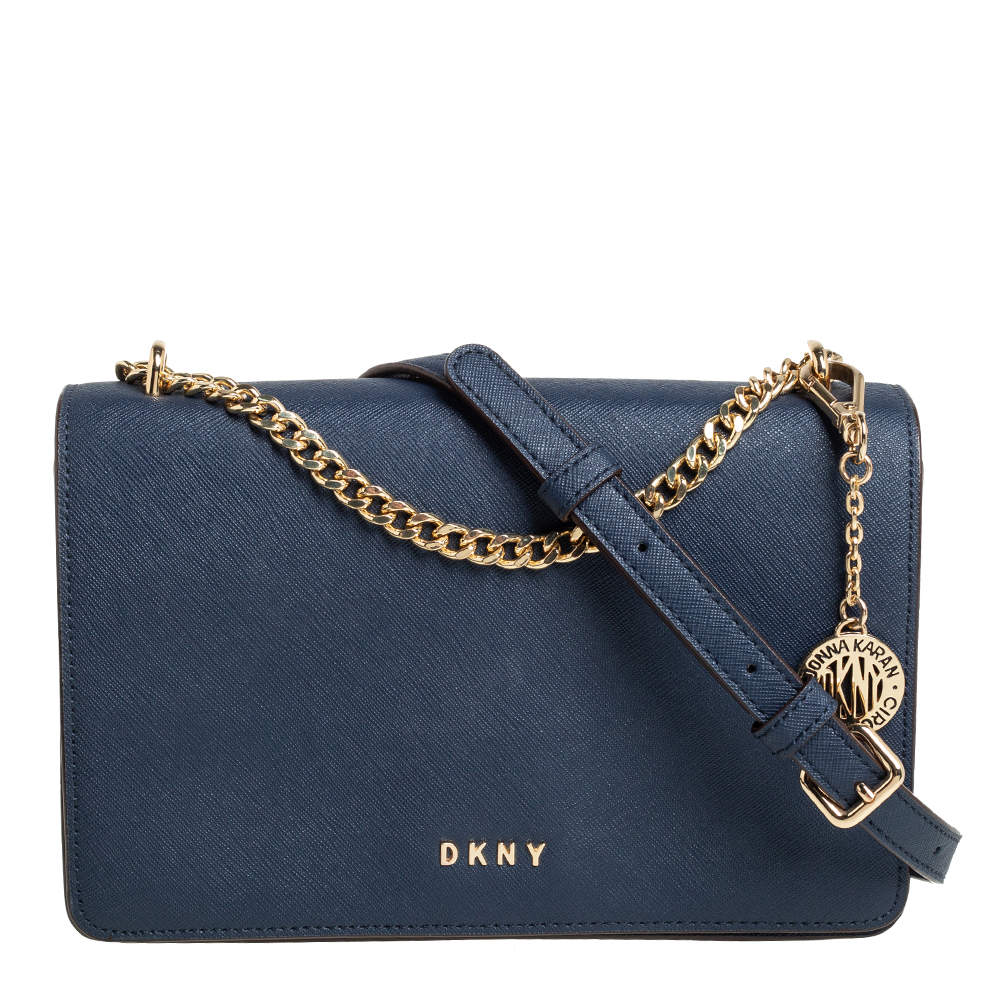 Pre Owned حقيبة كروس دي كي إن واي جلد أزرق بقلاب