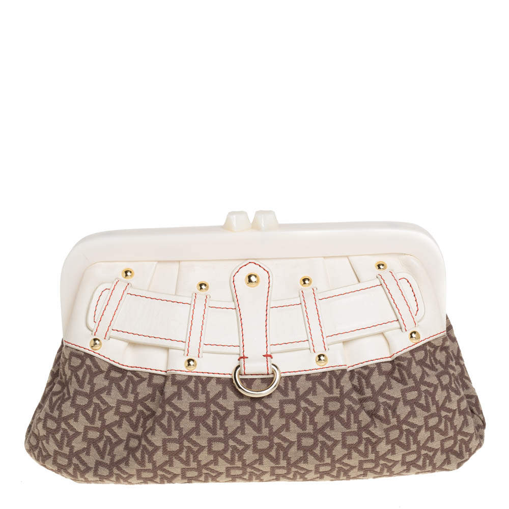 Pre Owned DKNY Beige/Brown Signature Canvas and Leather Kisslock Frame Clutch