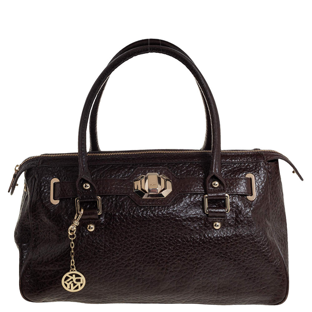 Pre Owned Dkny Mocha Brown Pebbled Leather Zip Satchel