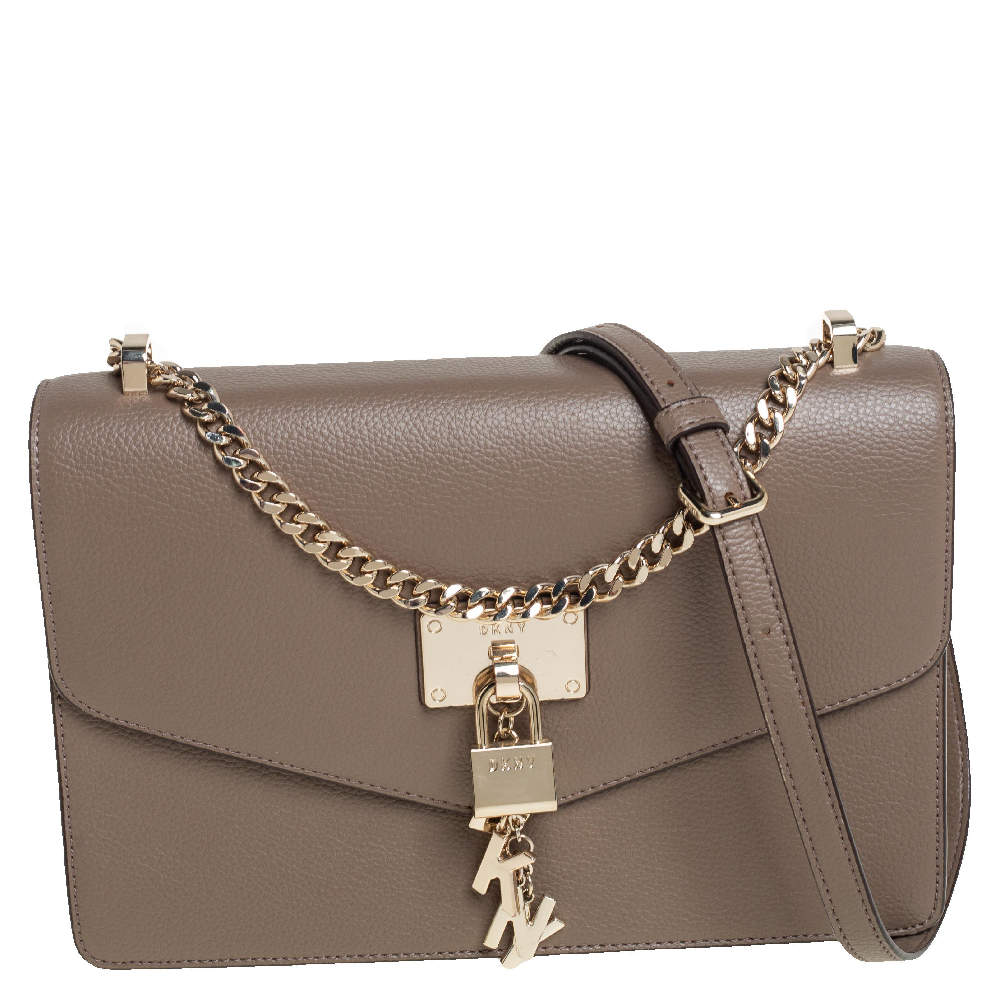 DKNY Dark Beige Leather Padlock Flap Shoulder Bag