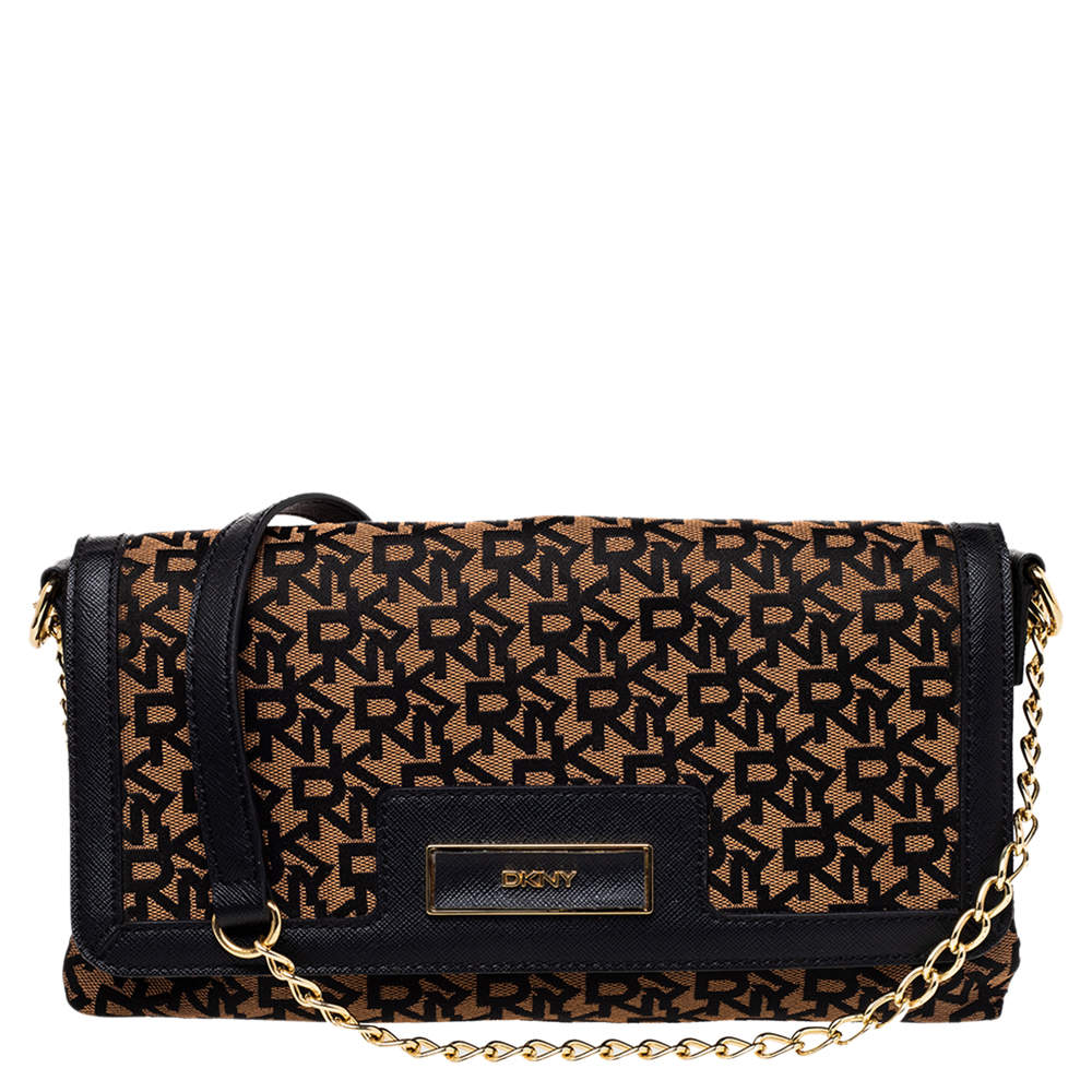 Pre Owned Dkny Brown Signature Canvas And Leather Chain Shoulder Bag
