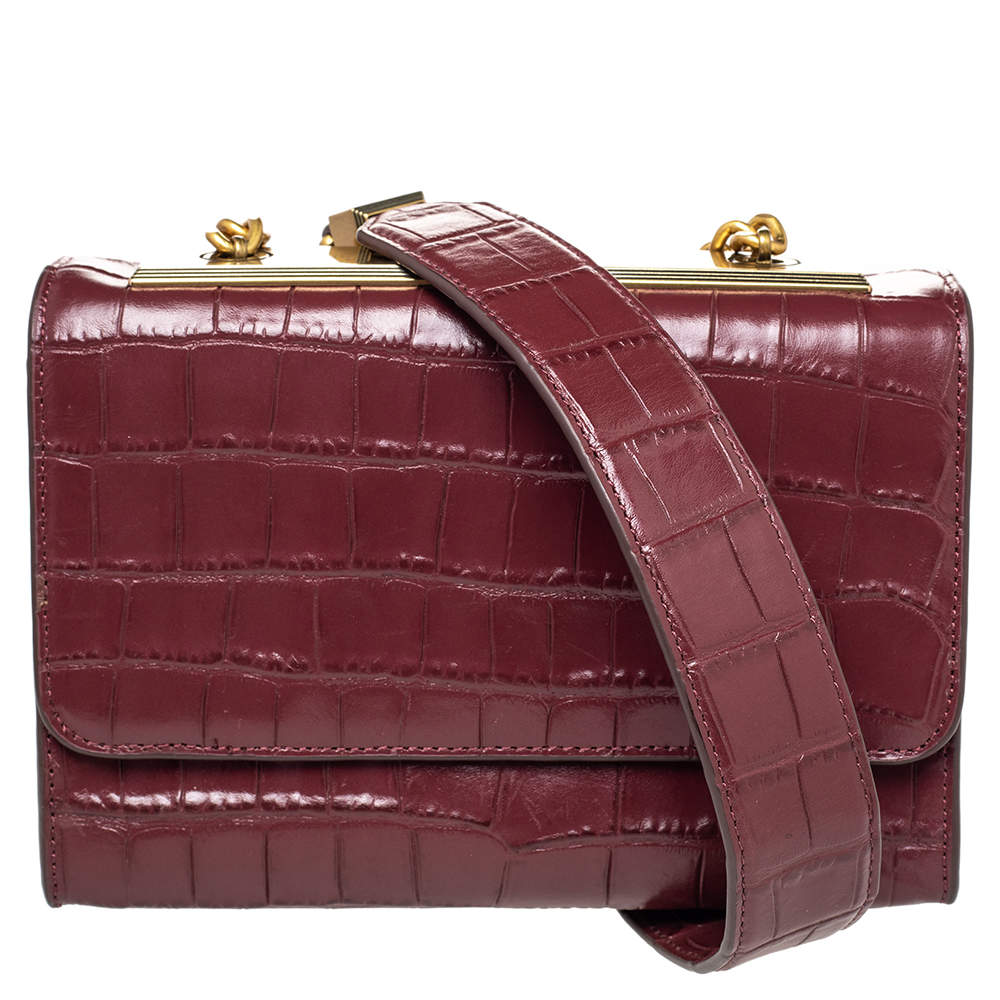 Pre Owned DKNY Burgundy Croc Embossed Leather Small Chain Shoulder Bag