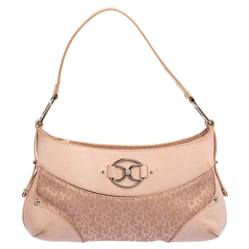 مملوكة مسبقًا Dkny Pink Signature Canvas and Lizard Embossed Leather Hobo