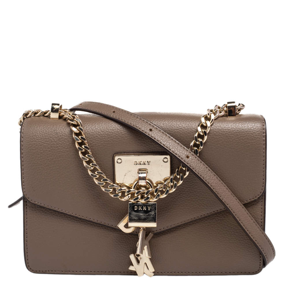 Pre Owned حقيبة كتف دي كيه إن واي جلد بيج داكن ذات قلاب بقفل