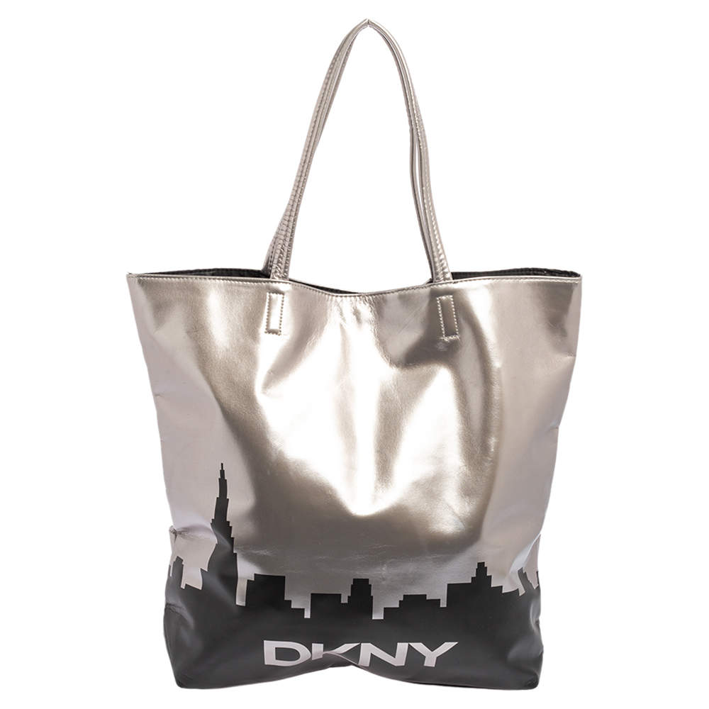 Pre Owned DKNY Silver/Black Faux Leather Shopper Tote