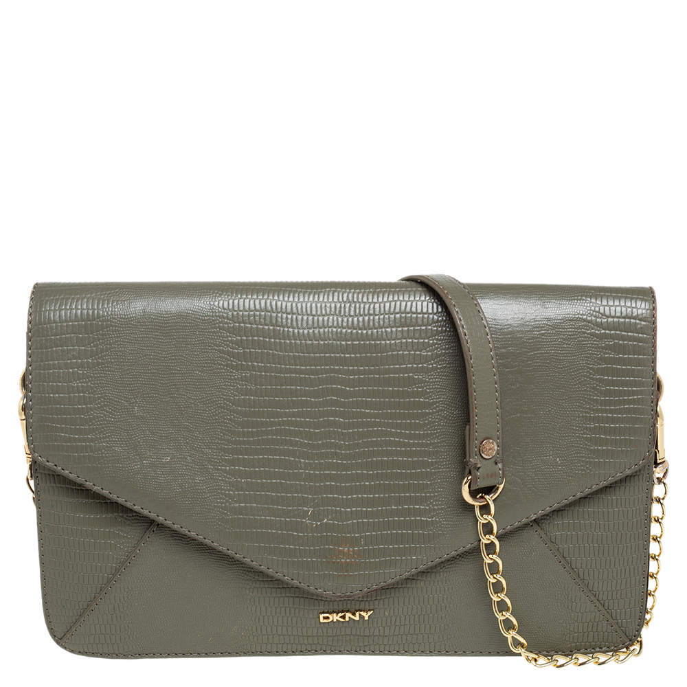Pre Owned DKNY Green Lizard Embossed Leather Envelope Chain Clutch