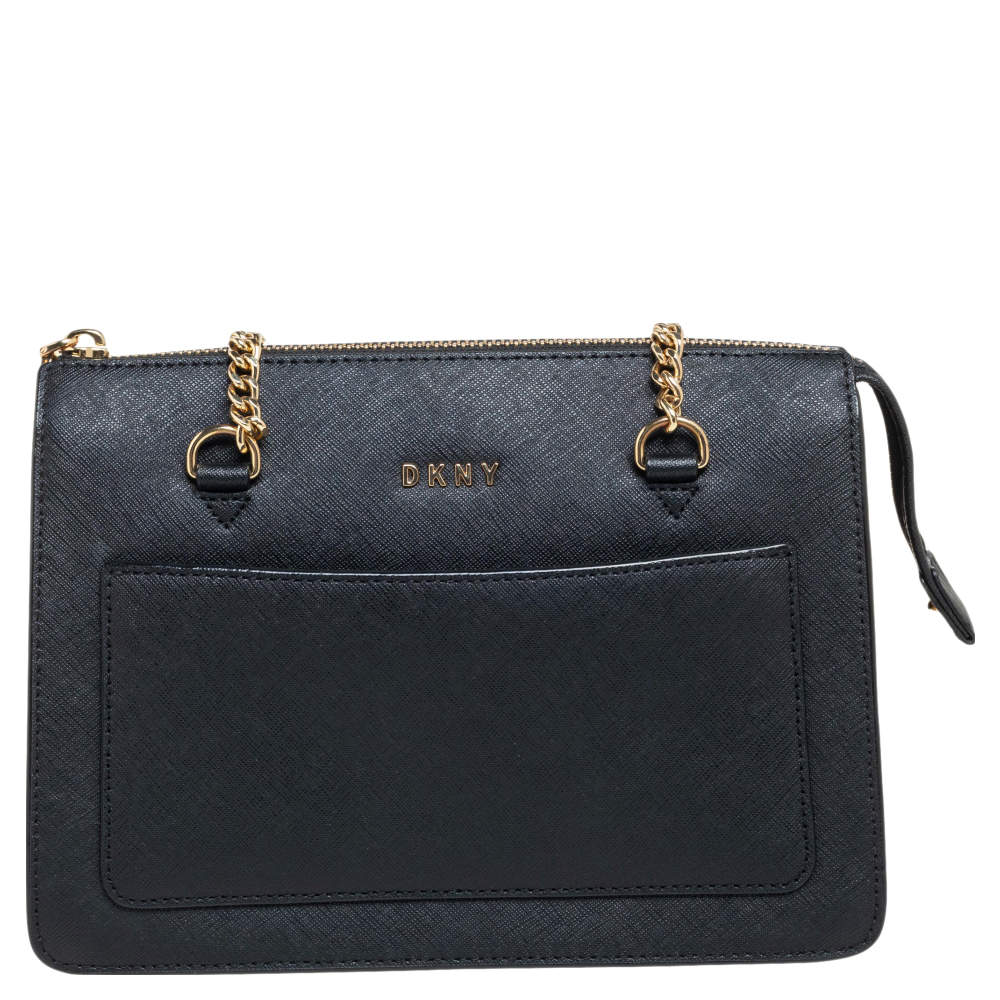 Pre Owned حقيبة كتف دي كي أن واي سحاب برينت بارك جلد أسود