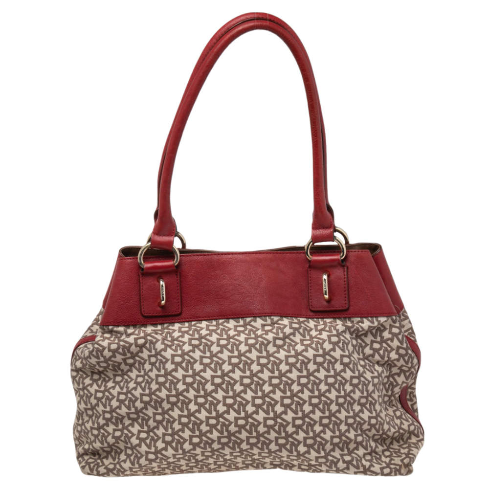 Pre Owned DKNY Beige/Red Signature Canvas And Leather Tote