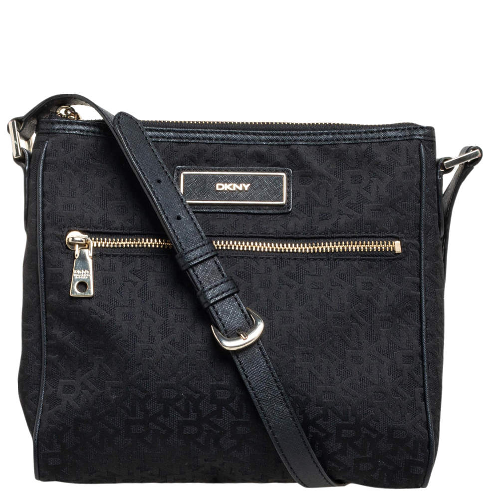 DKNY Black Signature Canvas and Leather Trim Front Pocket Messenger Bag