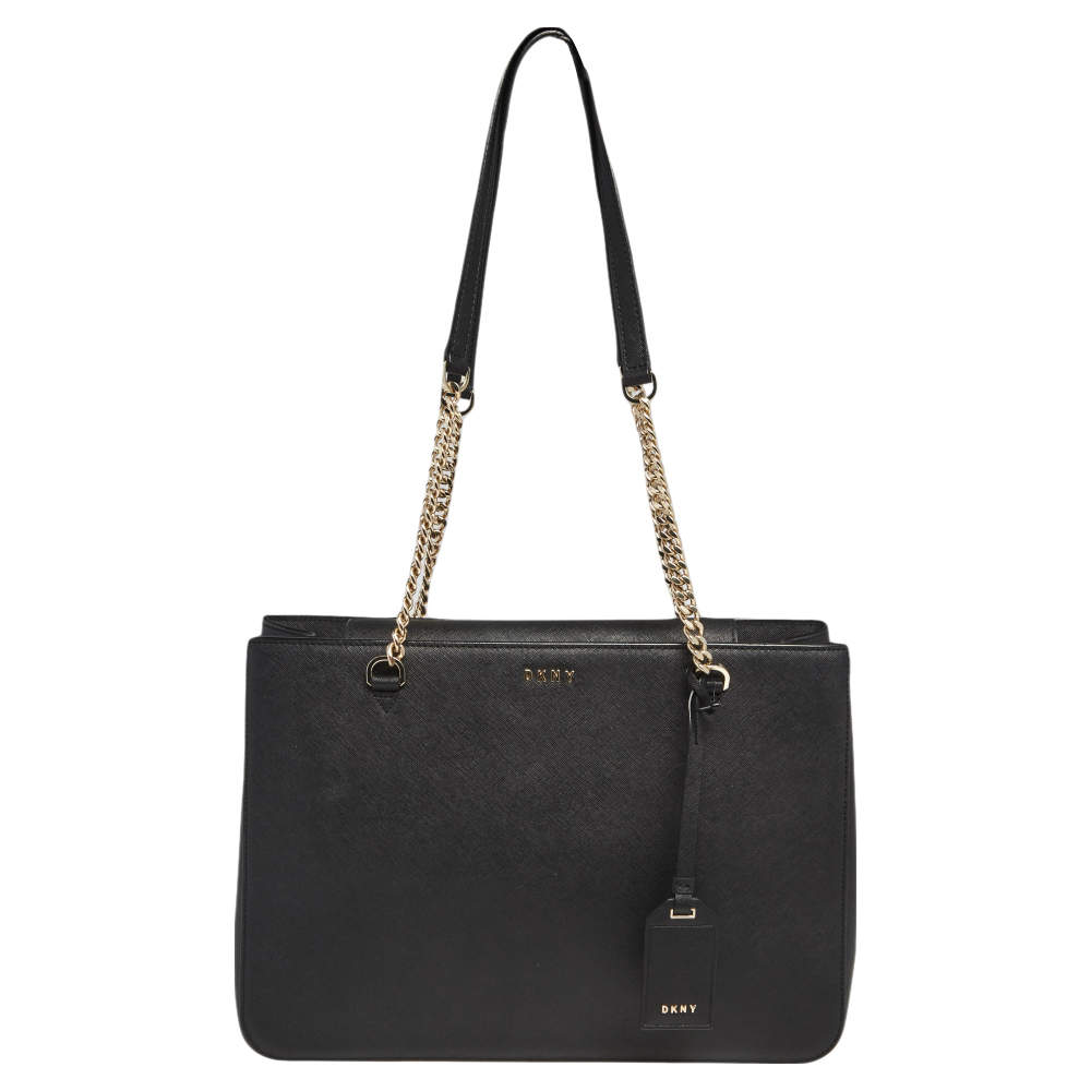 Pre Owned DKNY Black Leather Large Bryant Park Chain Tote