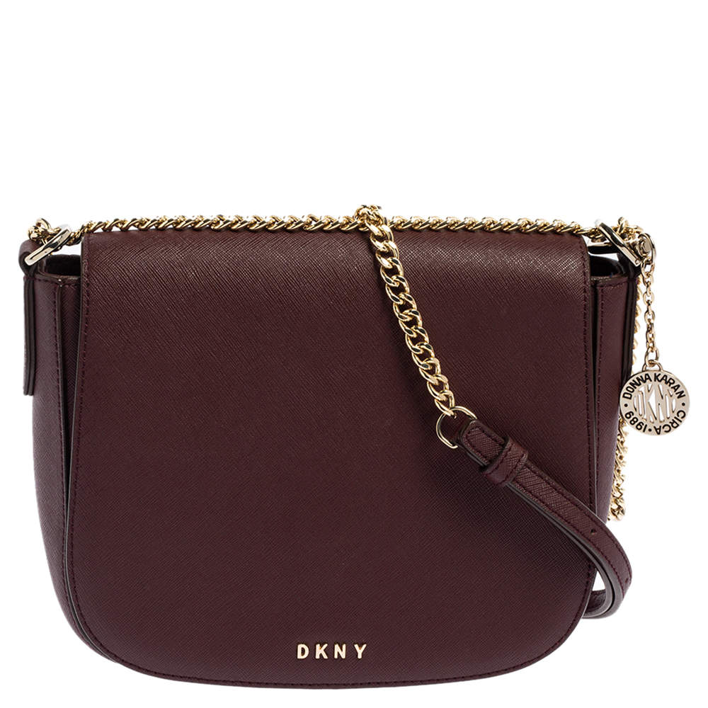 Pre Owned Dkny Burgundy Leather Flap Saddle Chain Shoulder Bag