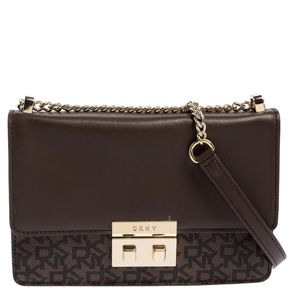 Dkny Brown Signature Coated Canvas and Leather Chain Crossbody Bag Dkny