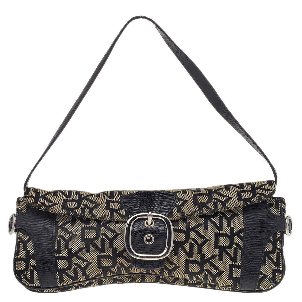 Pre Owned حقيبة كتف دي كيه إن واي جلد نقشة السحلية وكانفاس بالشعار بيج/بني 