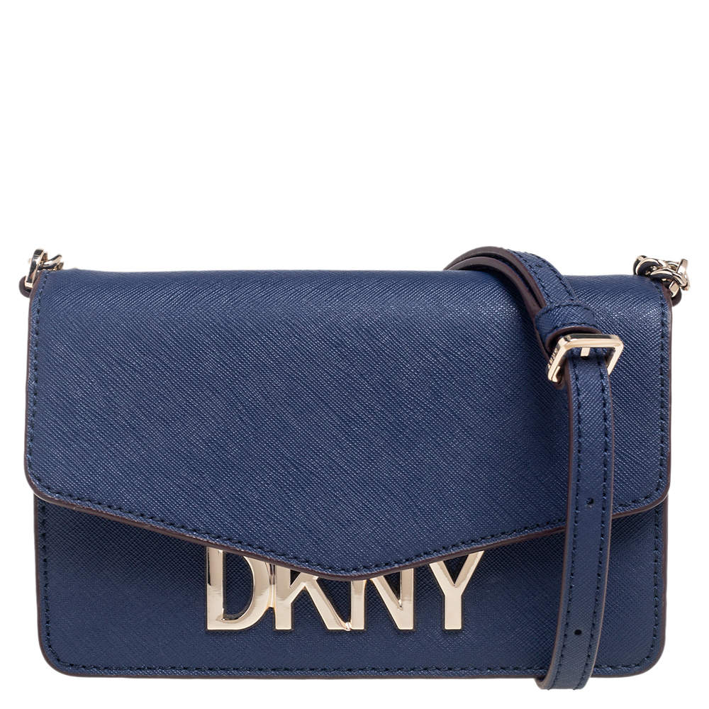 Pre Owned حقيبة كروس دي كي إن واي جلد أزرق بقلاب