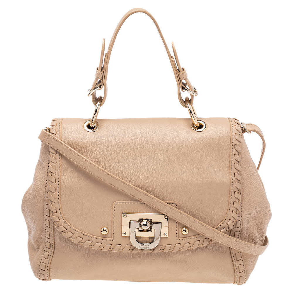 Dkny Beige Leather Whipstitch Flap Top Handle Bag Dkny The Luxury Closet