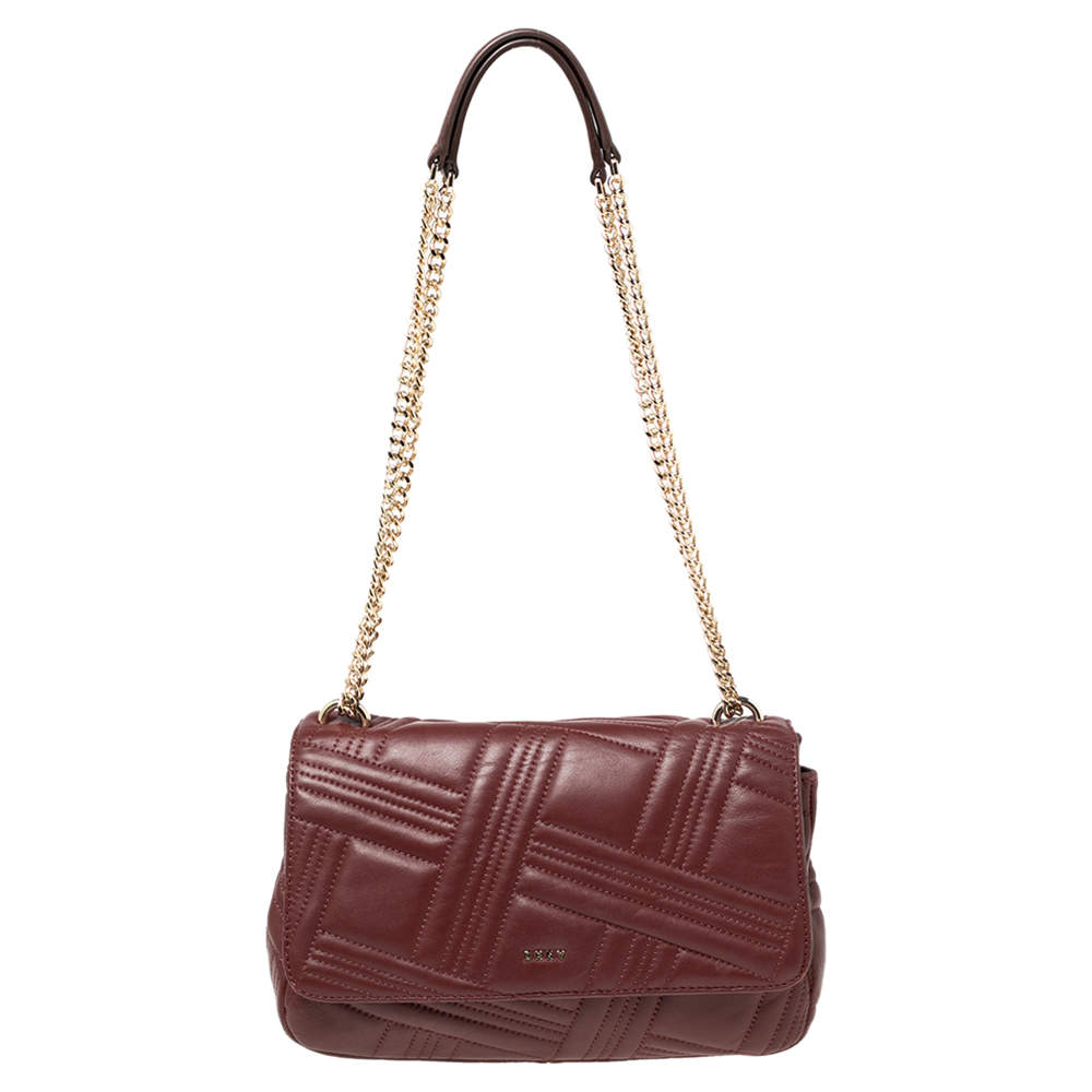 Pre Owned حقيبة كتف جي كي أن واي سلسلة قلاب جلد مبطن عنابي