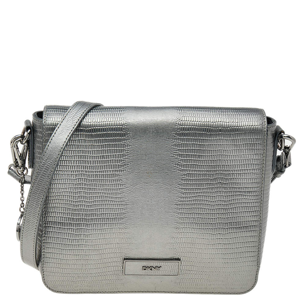 مملوكة مسبقًا DKNY Metallic Dark Grey Lizard Embossed Leather Crossbody Bag