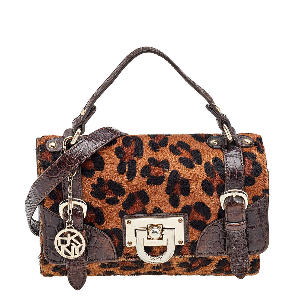 Pre Owned DKNY Brown Calf Hair and Croc Embossed Leather Top Handle Bag