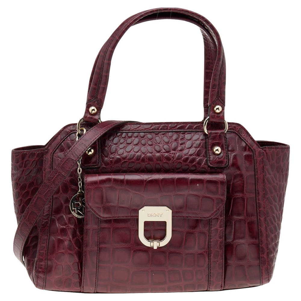 مملوكة مسبقًا حقيبة ساتشل دي كي أن واي جلد نقش تمساح عنابي