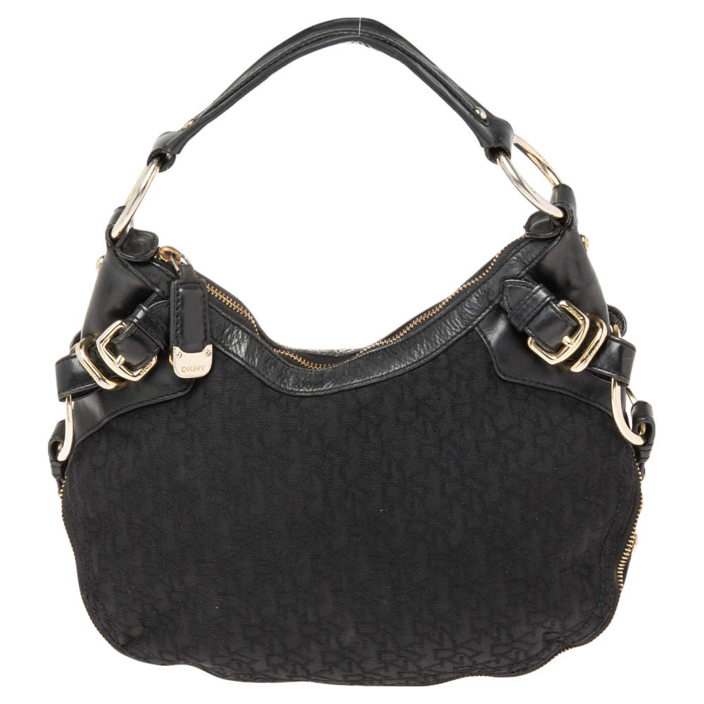 Pre Owned Dkny Black Leather And Monogram Canvas Hobo