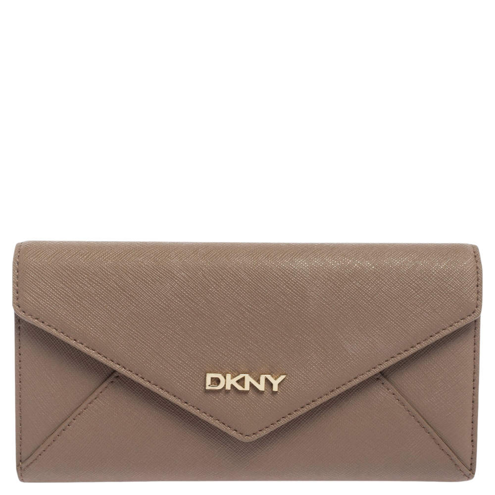 DKNY Dark Beige Saffiano Leather Envelope Flap Continental Wallet Dkny ...