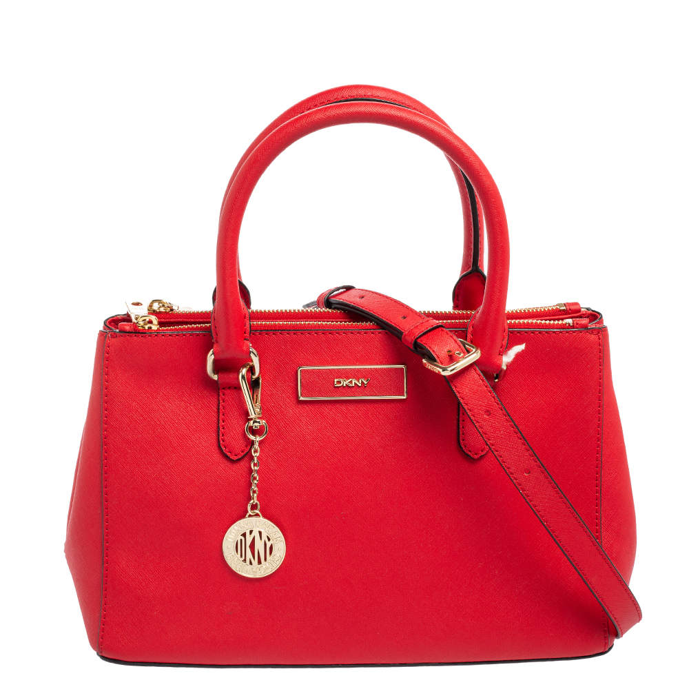 Pre Owned Dkny Red Saffiano Leather Double Zip Tote