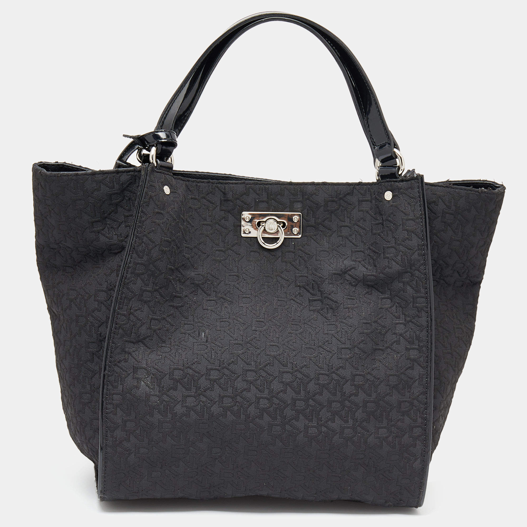 Pre Owned DKNY Black Monogram Canvas And Patent Leather Tote