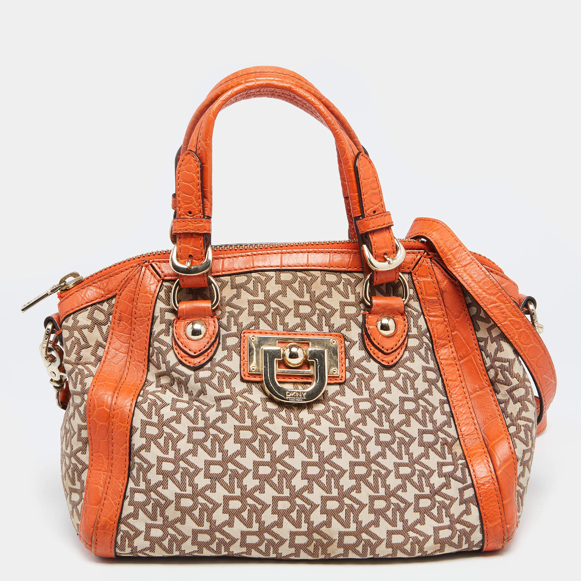 Pre Owned DKNY Orange/Beige Monogram Canvas and Croc Embossed Leather Zip Satchel