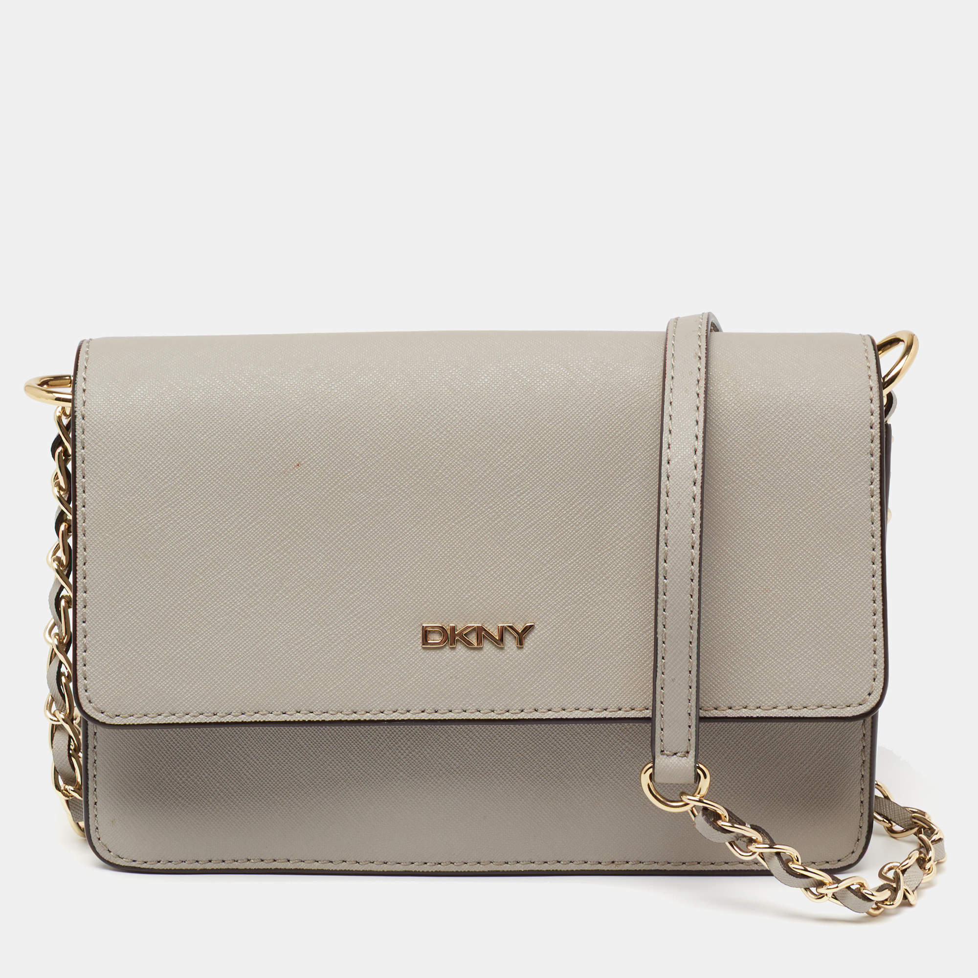 Pre Owned DKNY Grey Leather Bryant Park Flap Shoulder Bag