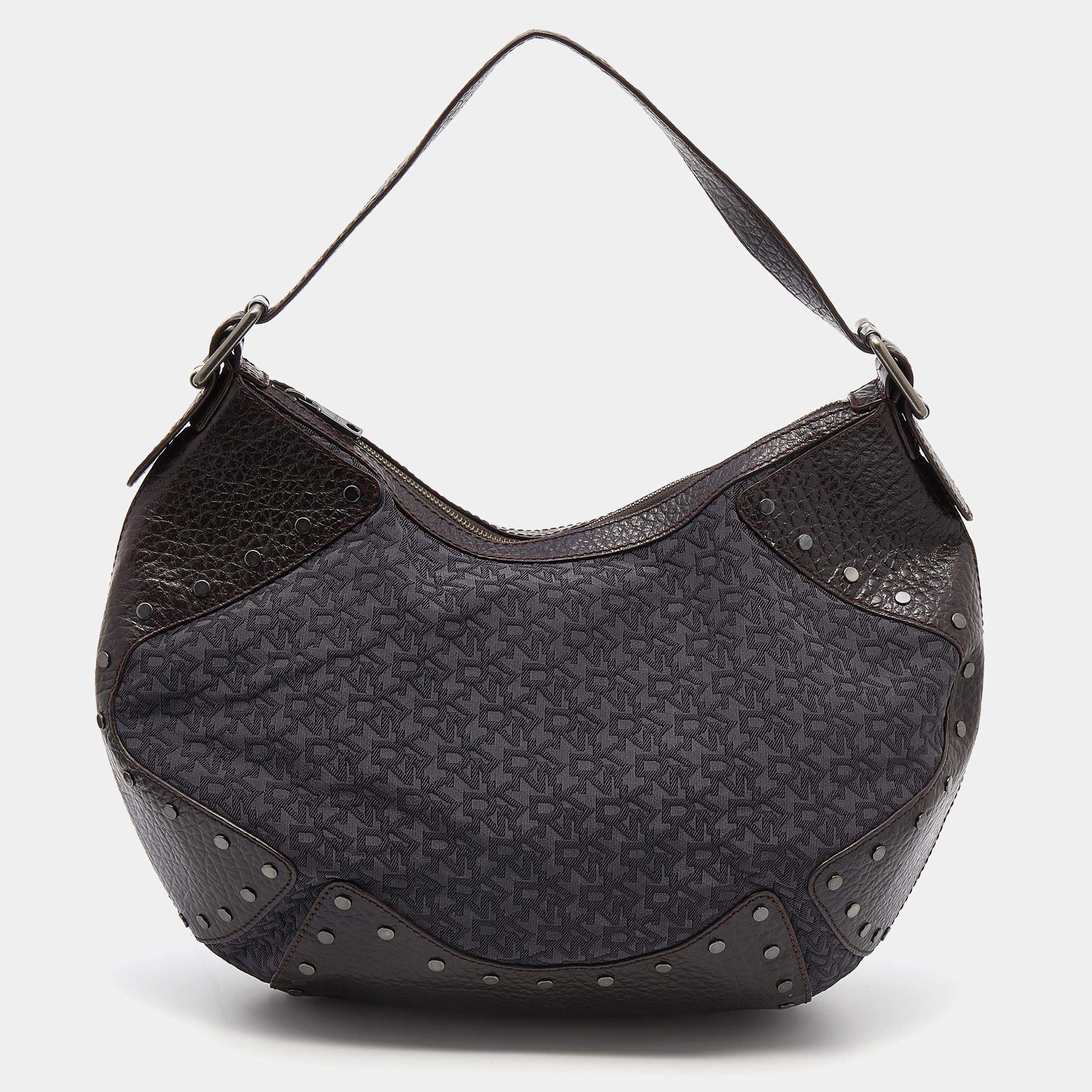 Pre Owned Dkny Brown/Grey Leather and Canvas Studded Hobo