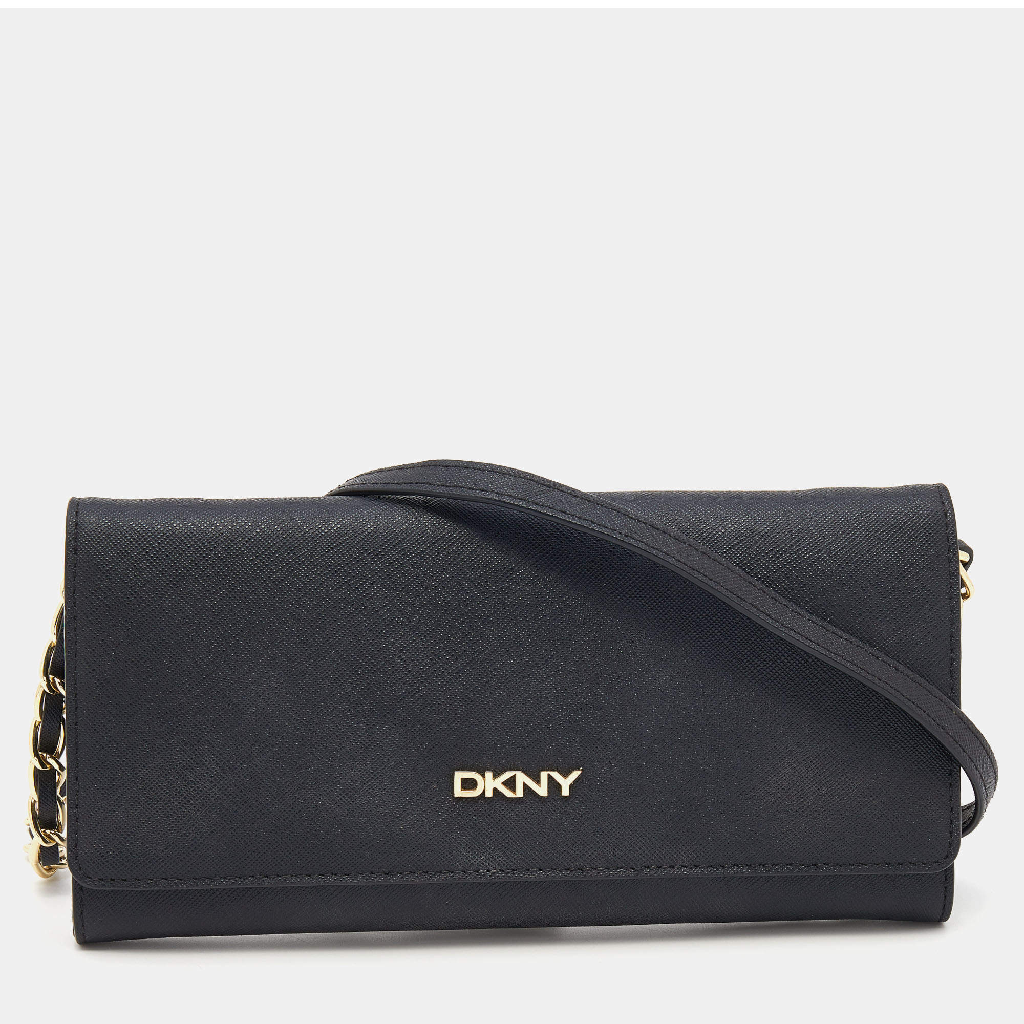 DKNY Black Saffiano Leather Flap Wallet on Chain