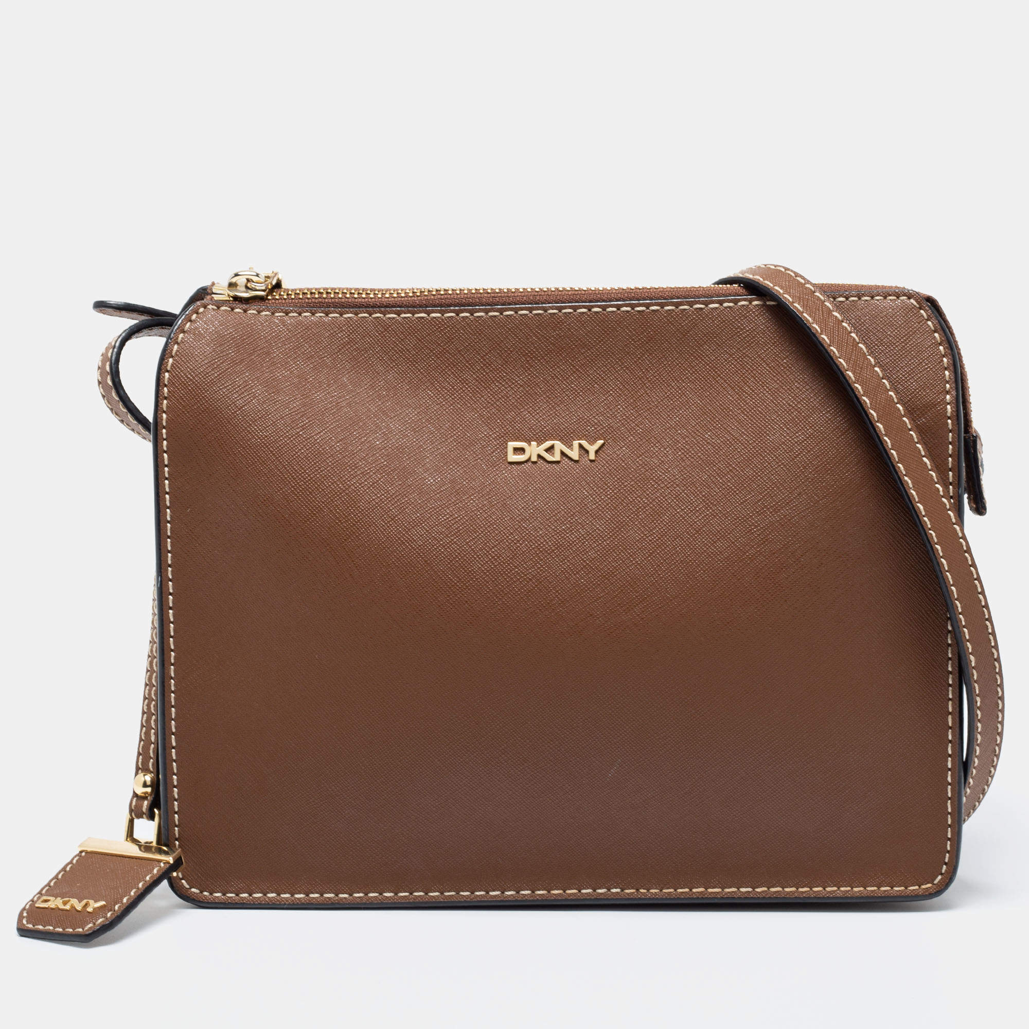 Pre Owned DKNY Brown Leather Ava Zip Crossbody Bag