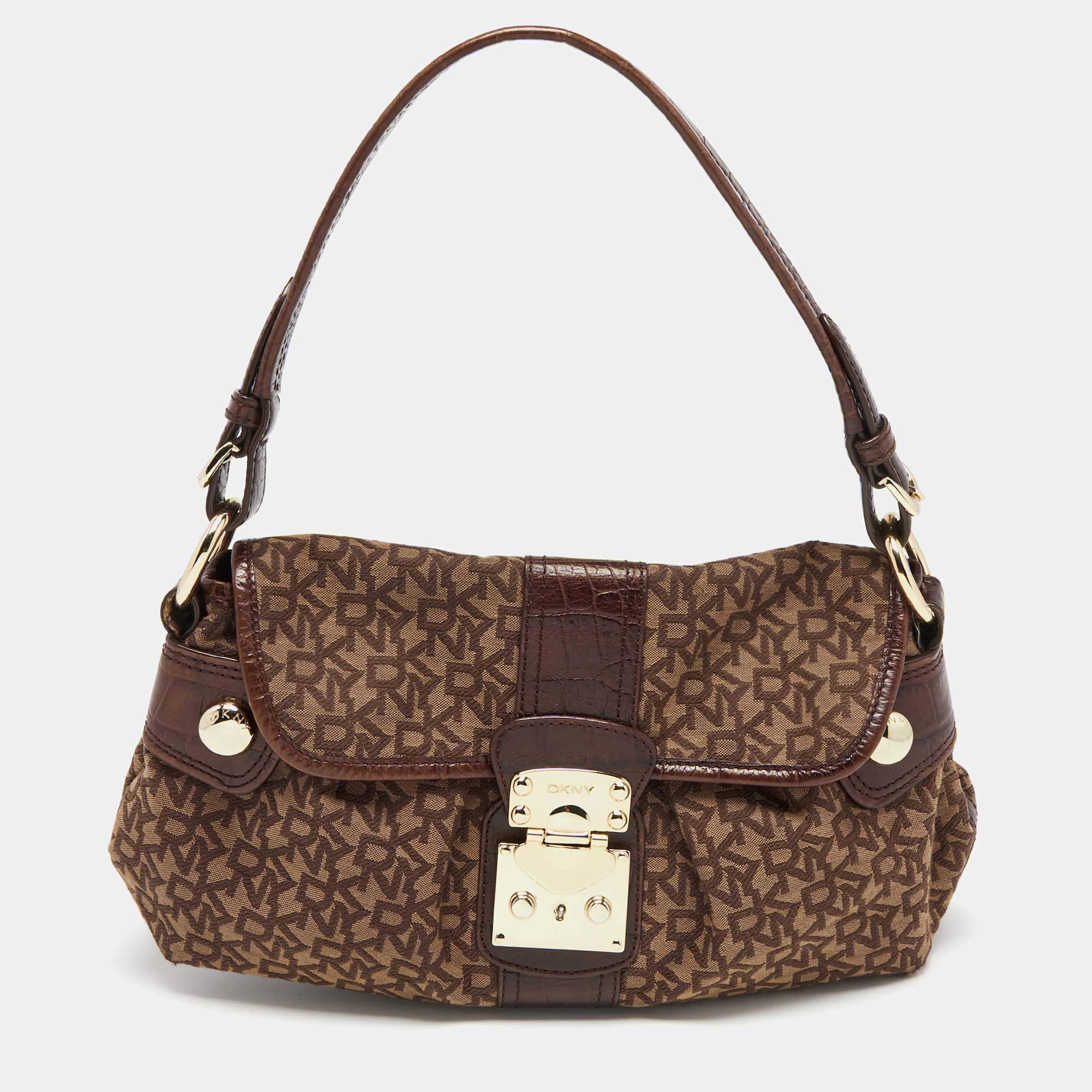 Pre Owned DKNY Brown Signature Canvas and Croc Embossed Leather Push Lock Flap Hobo