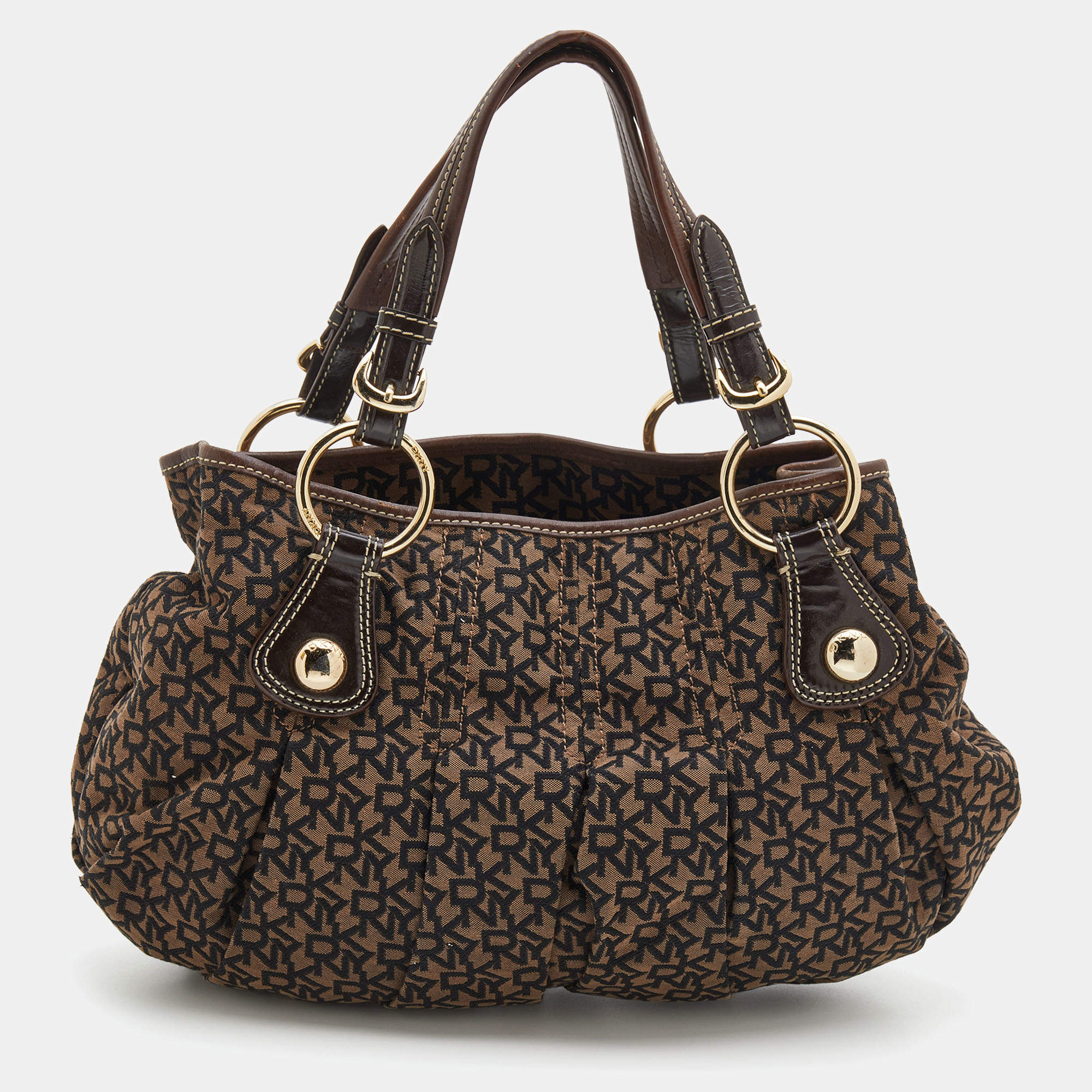 Pre Owned DKNY Brown/Black Signature Canvas and Leather Tote