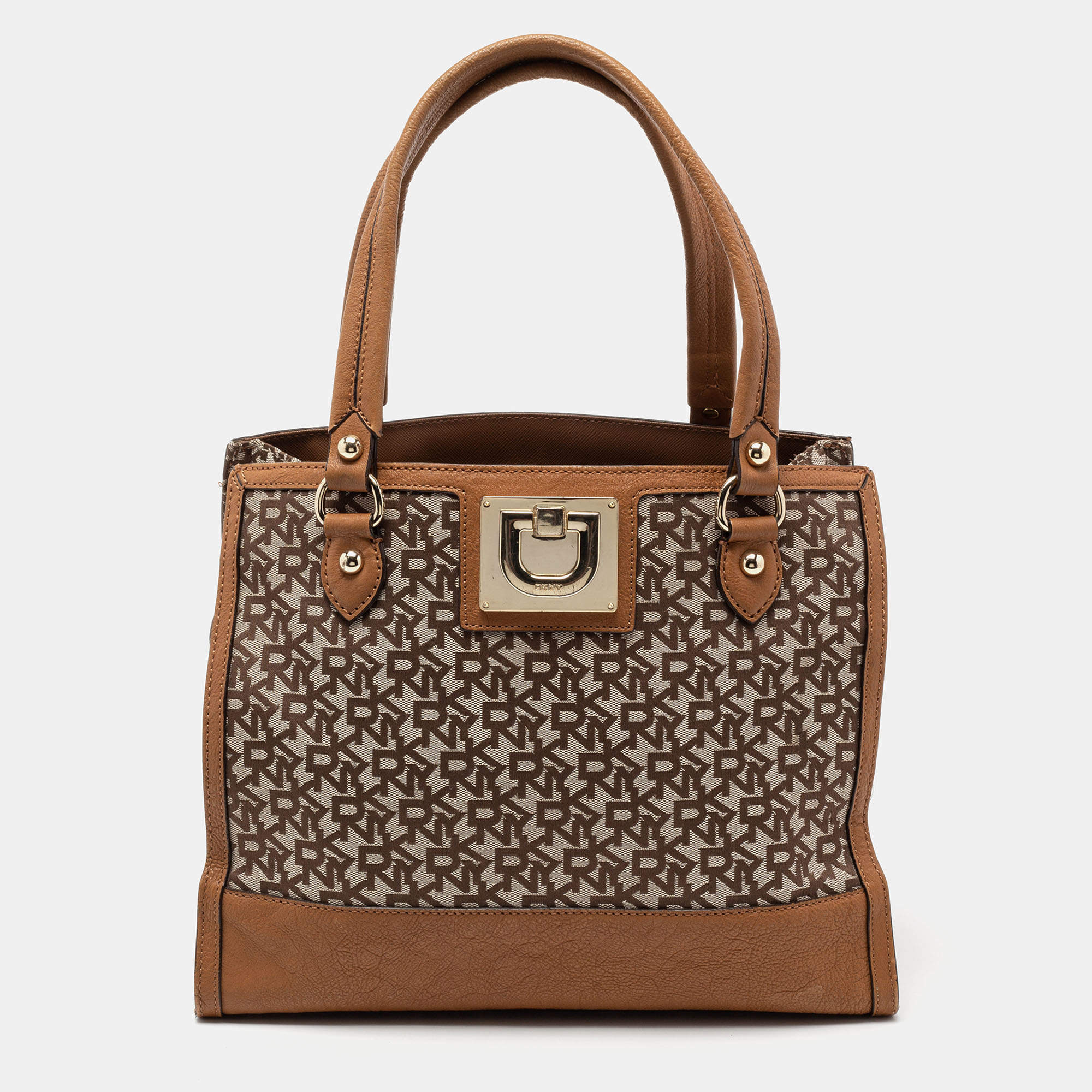 Pre Owned DKNY Beige/Tan Signature Canvas and Leather Tote