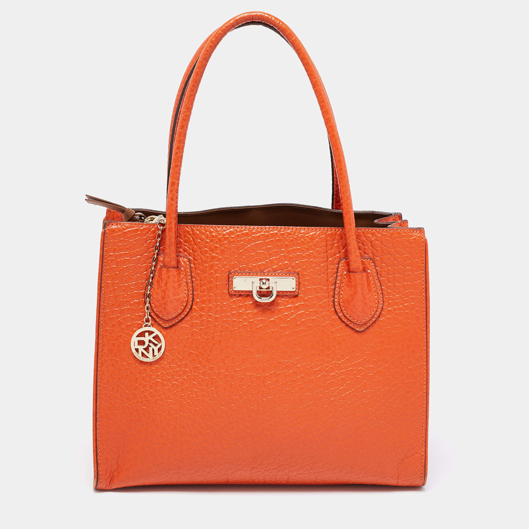 Pre Owned DKNY Orange Grained Leather Tote