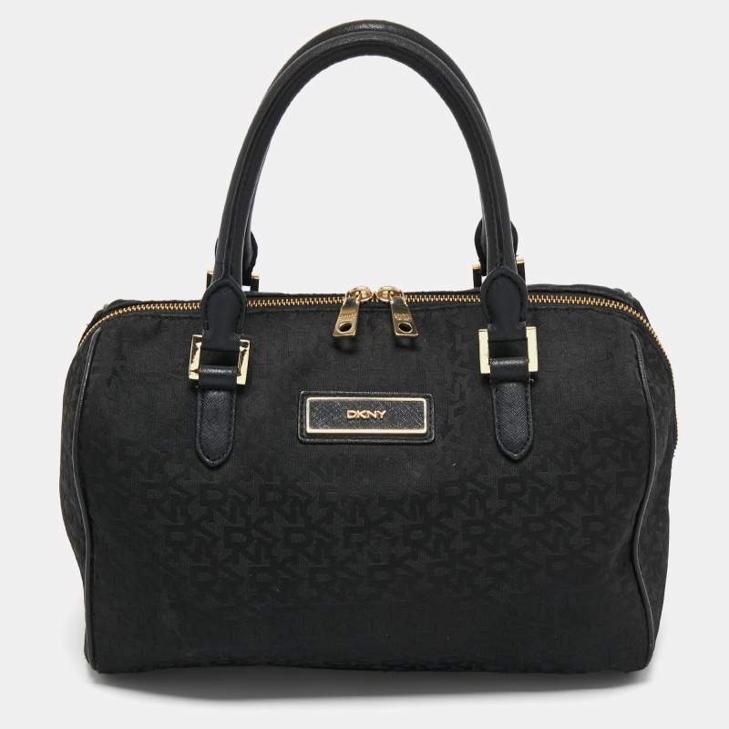 Pre Owned DKNY Black Signature Canvas and Leather Boston Bag