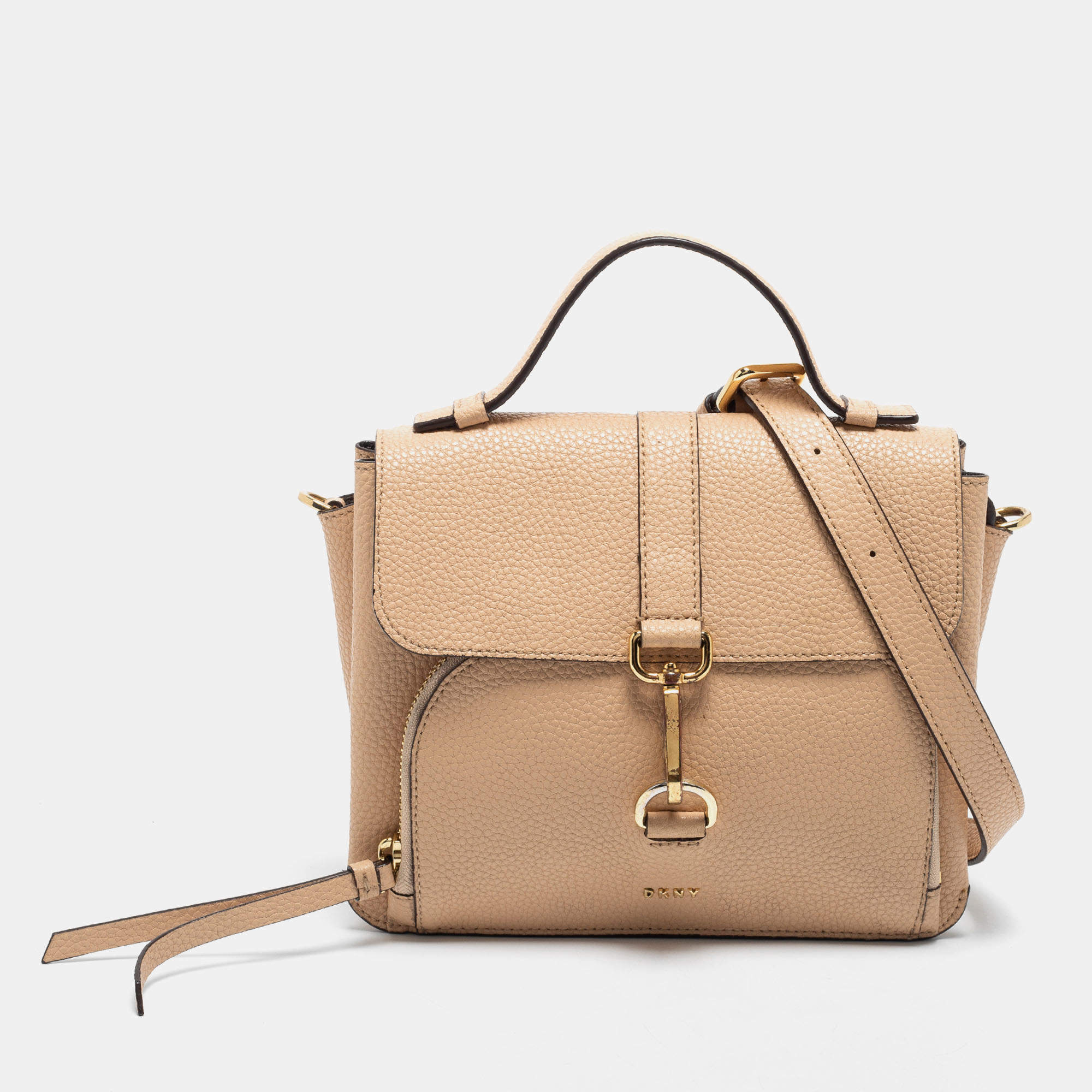 Pre Owned DKNY Beige Grained Leather Clasp Detailed Shoulder Bag