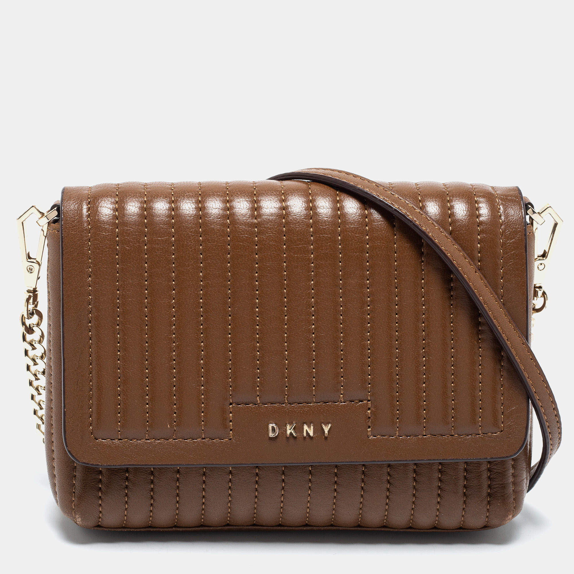 Pre Owned DKNY Brown Pinstripe Quilted Leather Small Gansevoort Flap Shoulder Bag