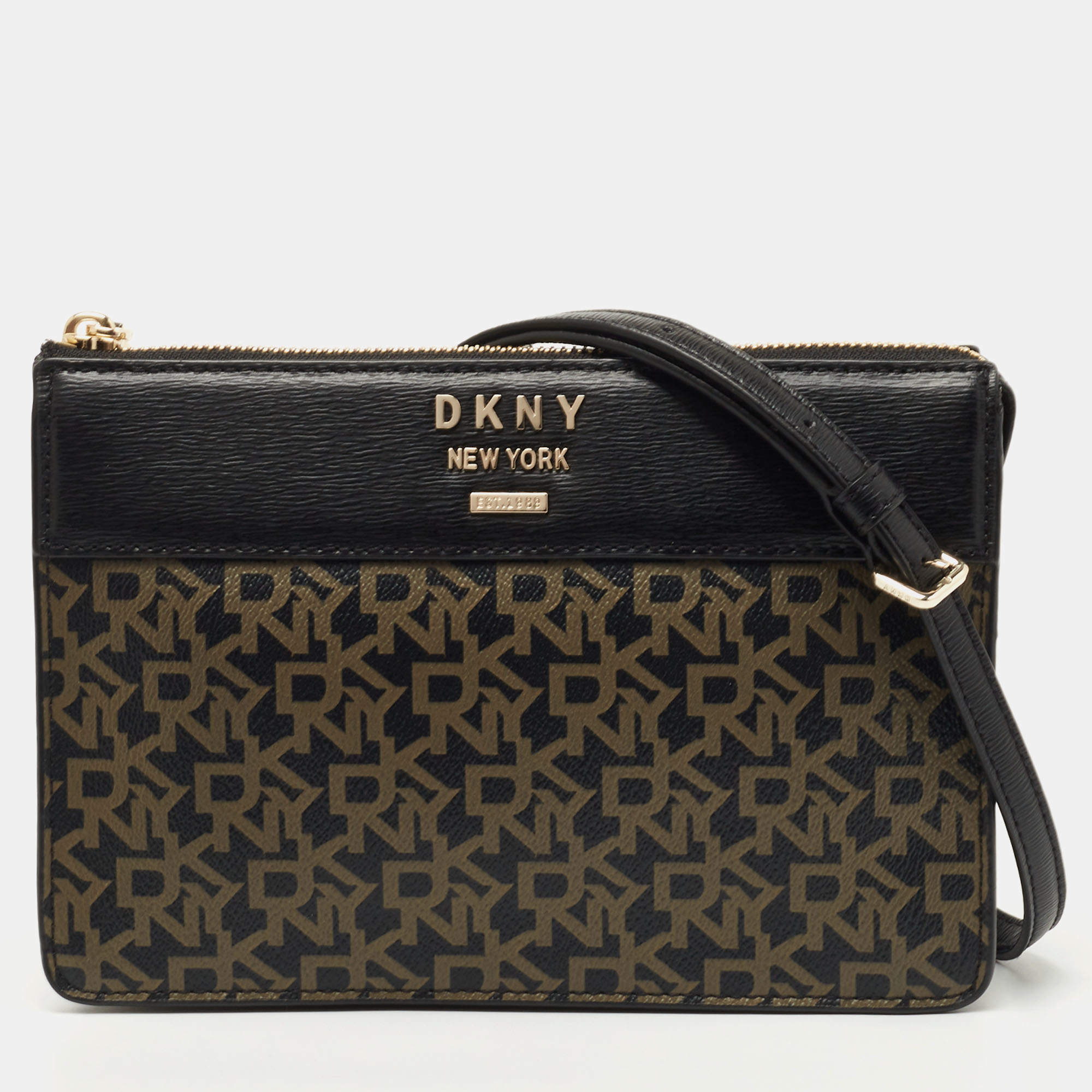 Pre Owned Dkny Black Signature Coated Canvas and Leather Zip Crossbody Bag