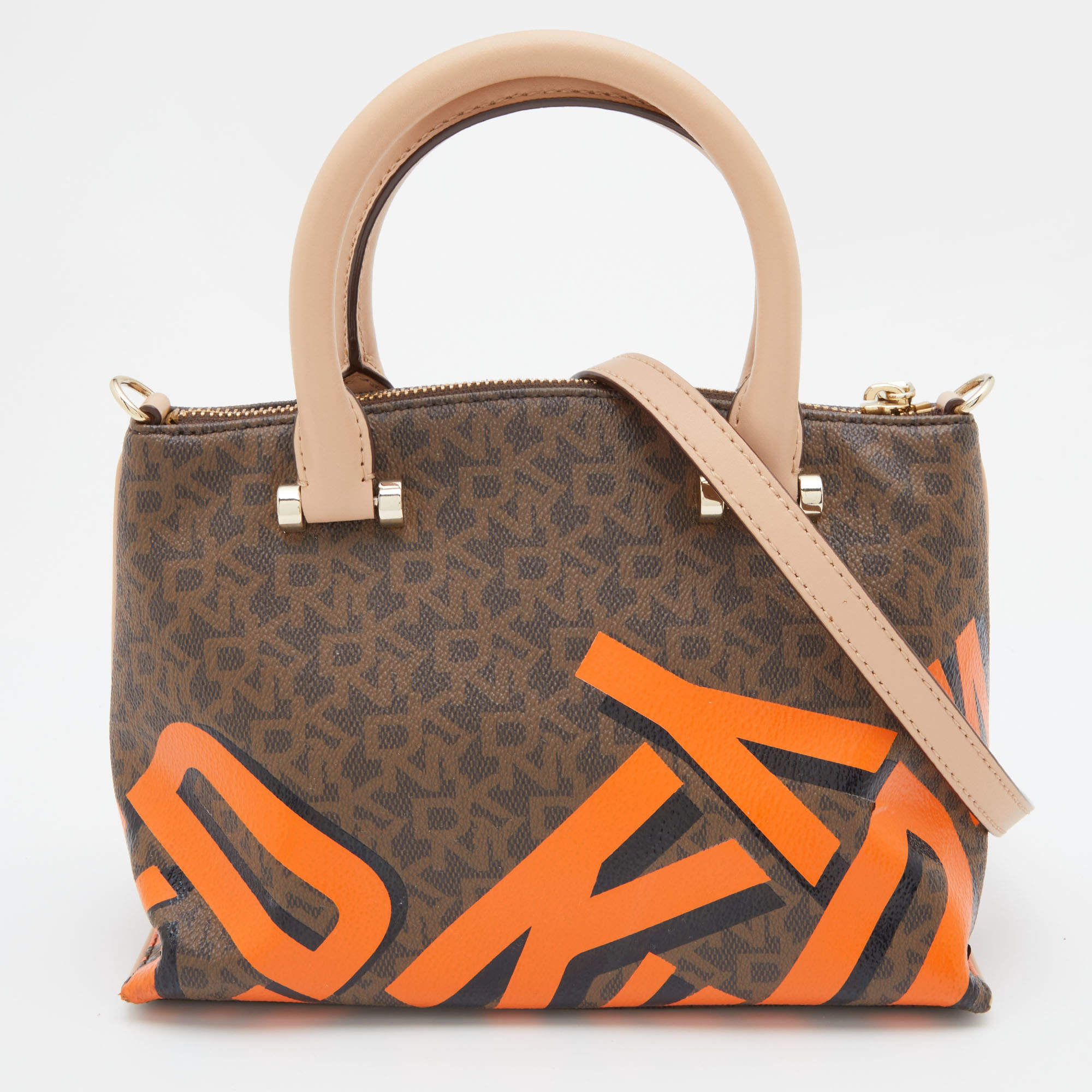 Pre Owned DKNY Brown/Beige Signature Coated Canvas and Leather Satchel