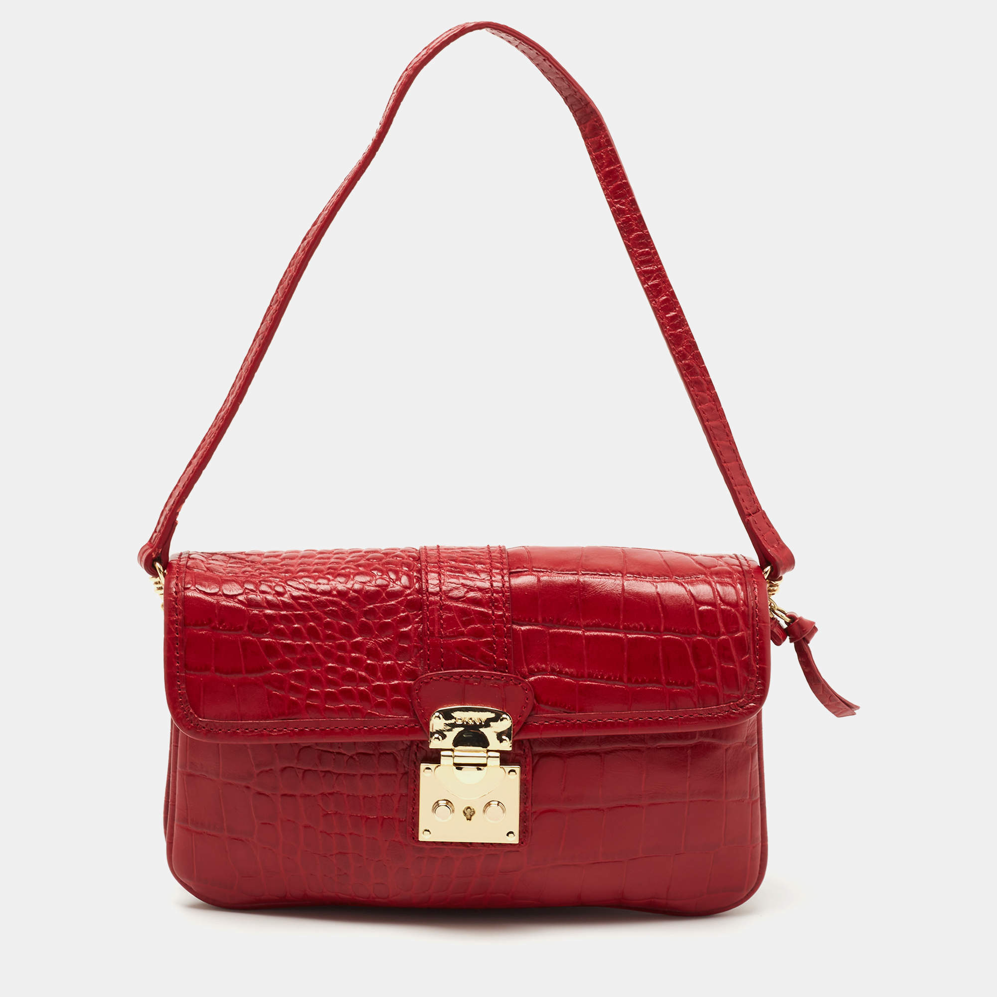 Pre Owned DKNY Red Croc Embossed Leather Shoulder Bag