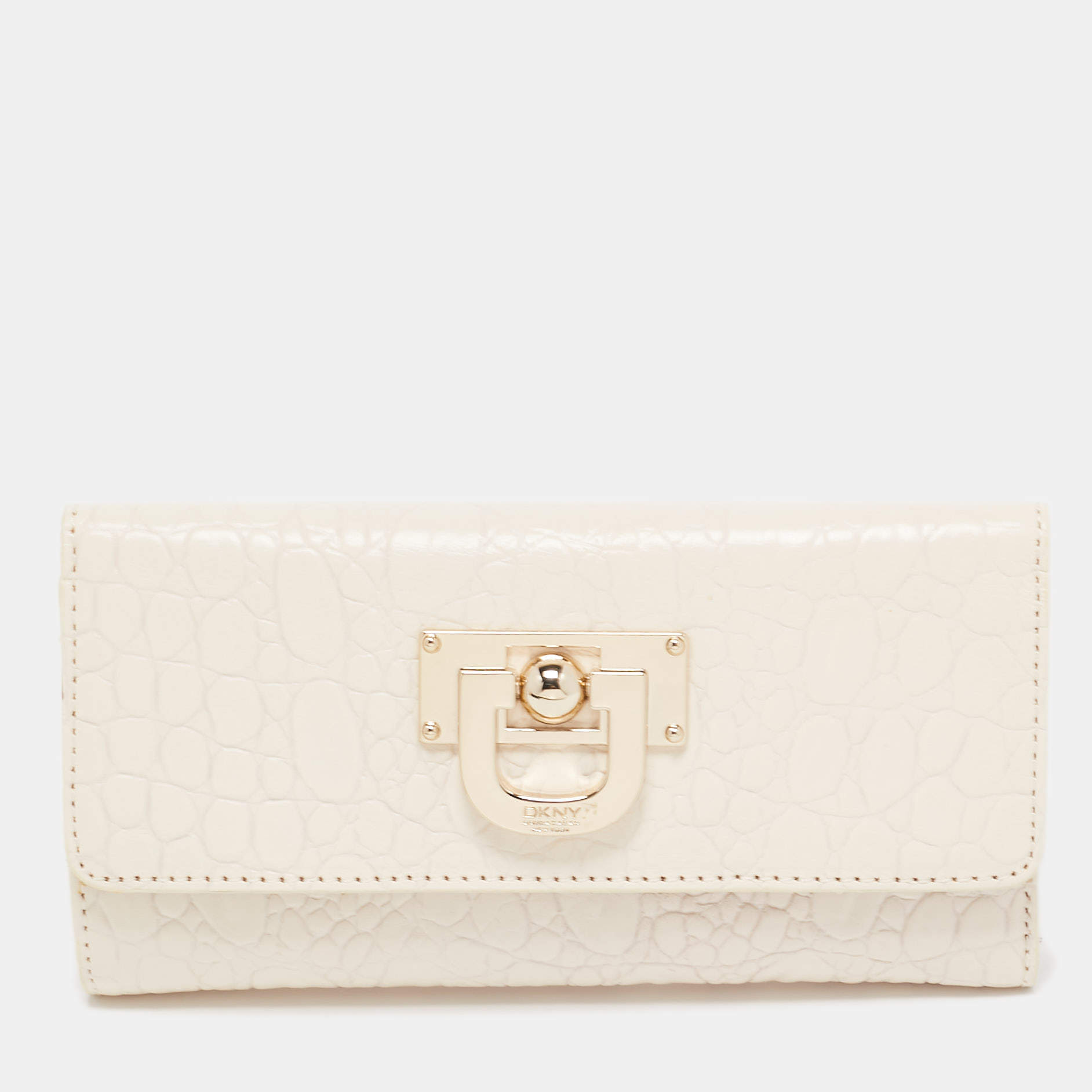 Pre Owned Dkny Off White Croc Embossed Leather Flap Continental Wallet
