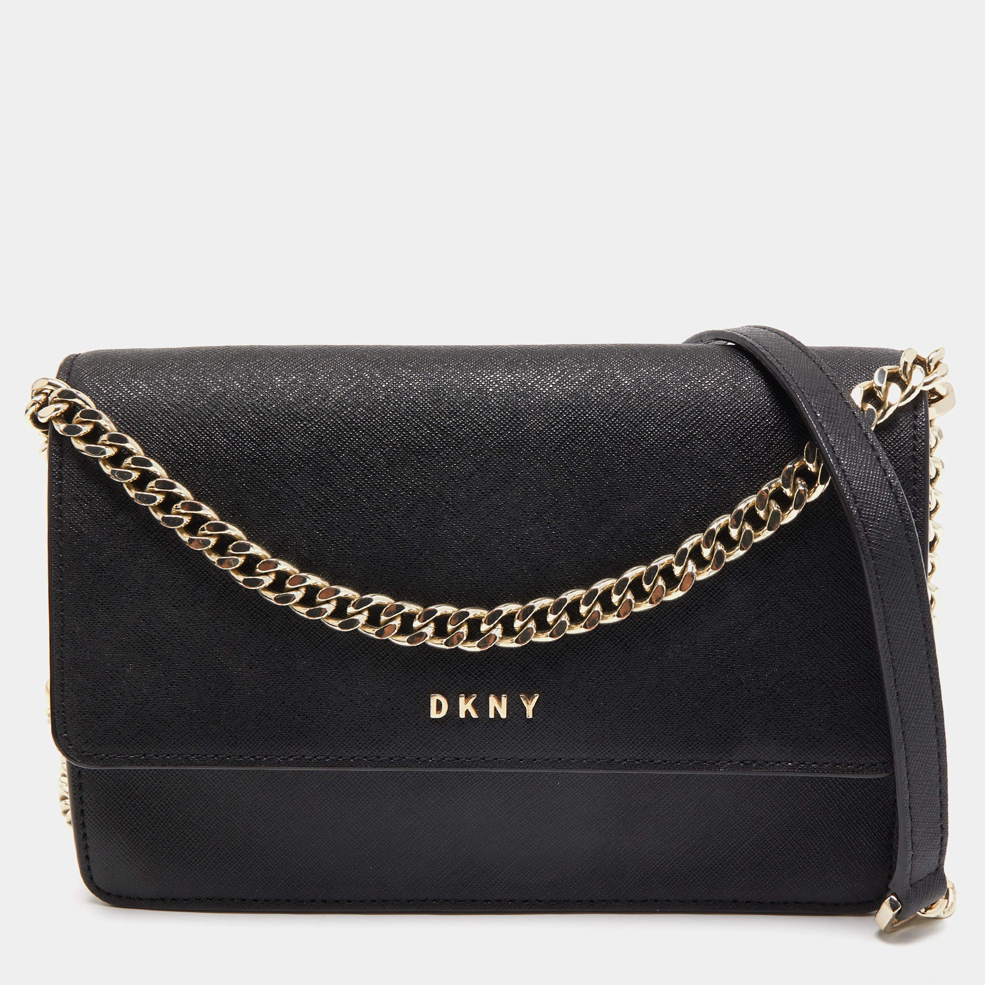 Pre Owned DKNY Black Leather Flap Chain Shoulder Bag