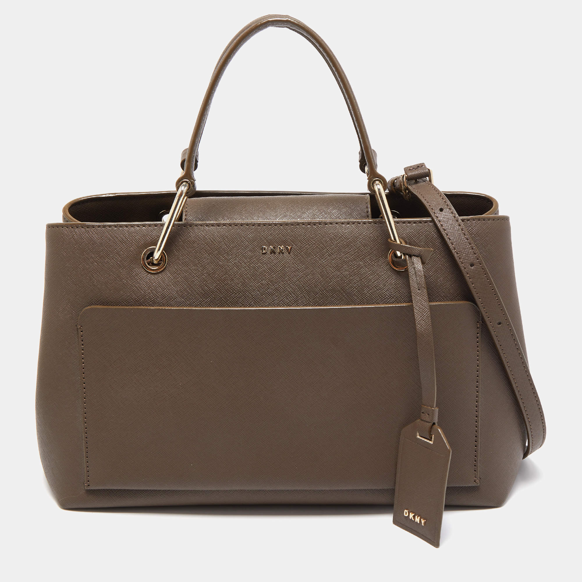 Pre Owned DKNY Dark Beige Leather Front Pocket Top Handle Bag